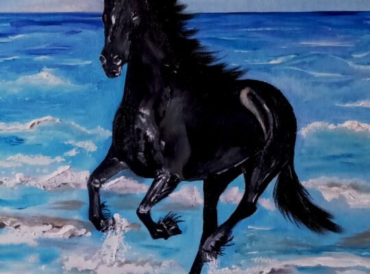 „Black beauty si marea”, pictura in ulei pe panza