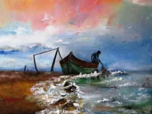 „Pescarul si marea” ,pictura in ulei pe panza